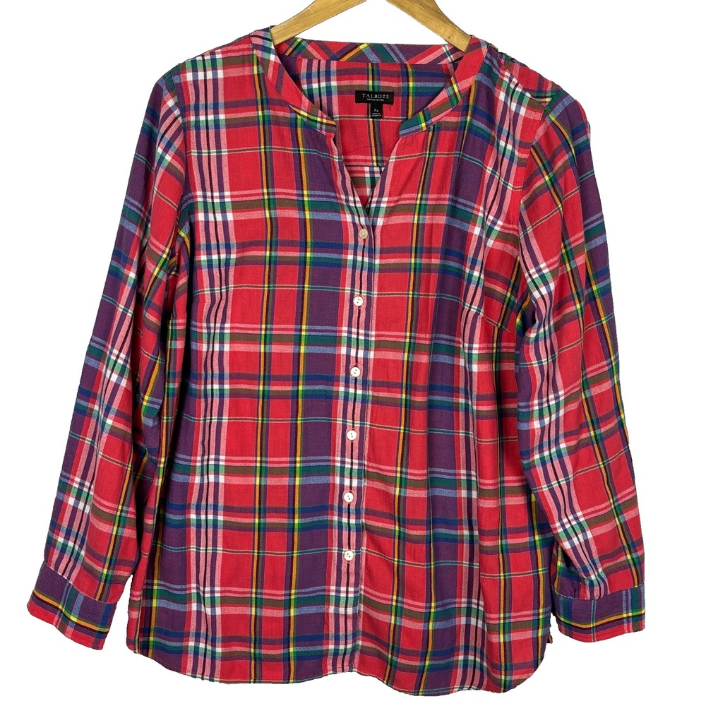 Talbots Women Long Roll Tab Sleeve Button Shirt Sz XL Petite Red Plaid Cowgirl
